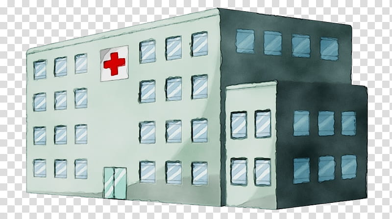 Watercolor illustration of a multi-story hospital building with red cross emblem and blue-tinted windows.