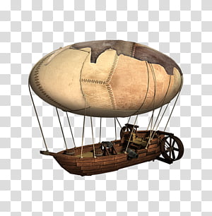 Steampunk-style airship with a patched fabric balloon and wooden gondola featuring gears and wheels.