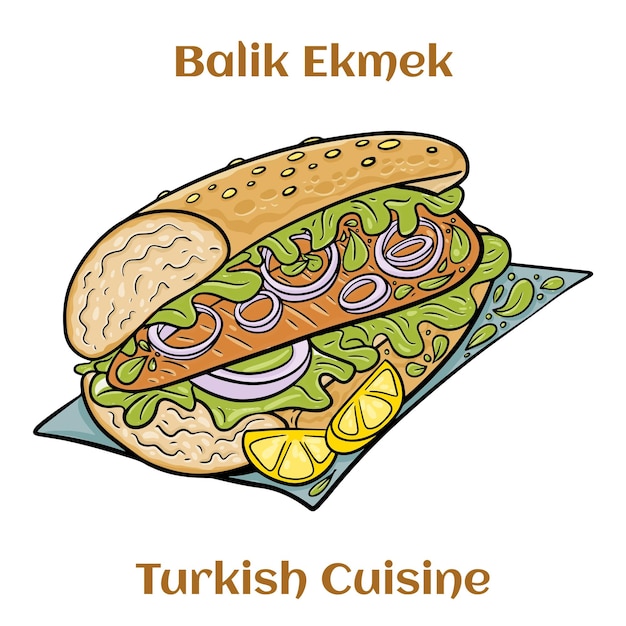 Illustrated Balik Ekmek, a Turkish fish sandwich with lettuce, onions, lemon, and sauce on a crusty roll.