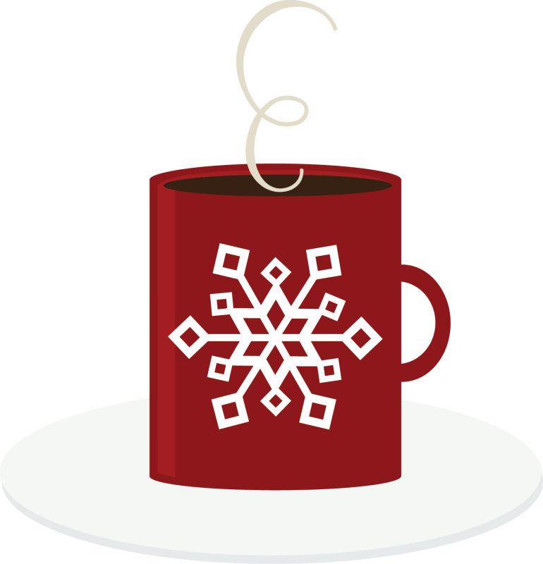 Red mug with white snowflake design, steaming hot beverage on a white saucer.