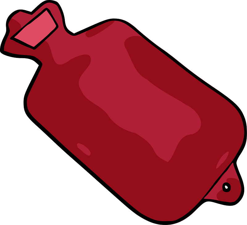 Red rubber hot water bottle with stopper and fill cap, illustrated on green background.
