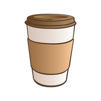 Illustration of a disposable paper coffee cup with brown sleeve and lid, ready for takeaway.