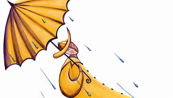A whimsical illustration of a yellow banana character holding a matching yellow umbrella in the rain, with droplets falling around.