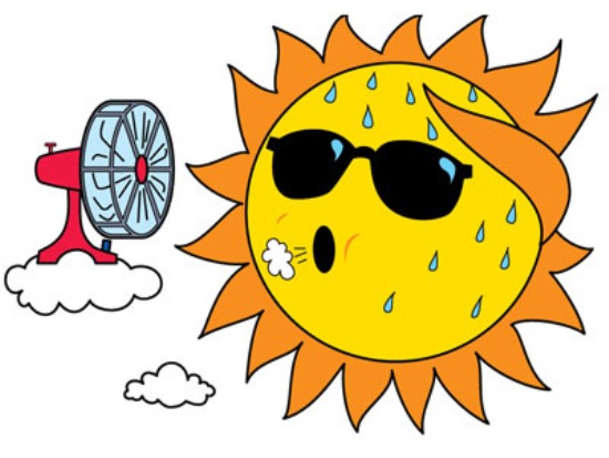 A cartoon sun wearing sunglasses, sweating and panting, next to a red fan on a cloud.