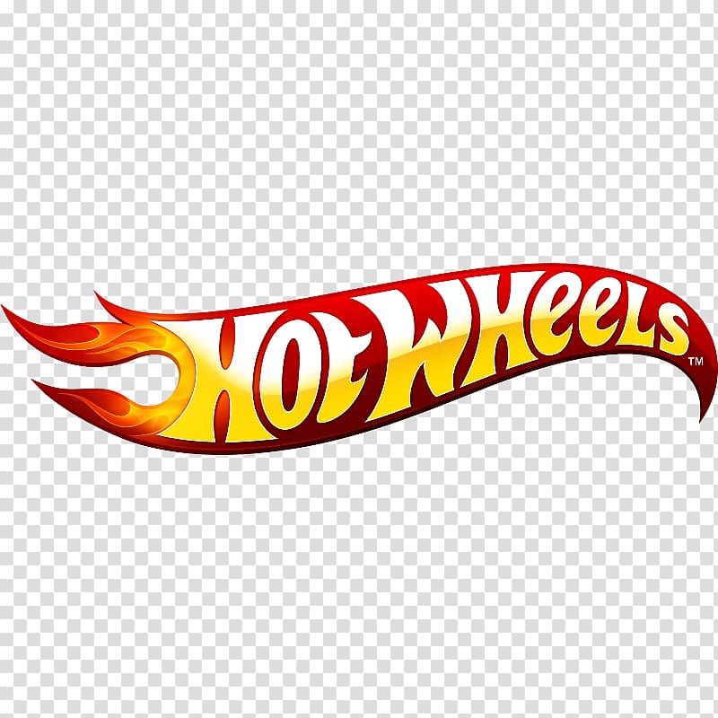Hot Wheels logo featuring bold red and yellow flame-styled text on transparent background.