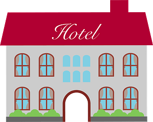 Illustration of a classic two-story hotel building with red roof, arched windows, and green shrubs.