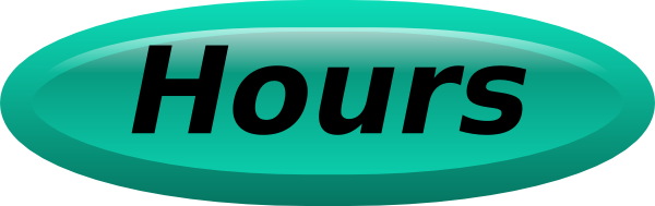 Teal oval button with bold black text reading "Hours", indicating business operating times.