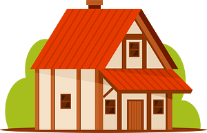 Cozy two-story house with red roof, white walls, wooden trim, and green foliage background.