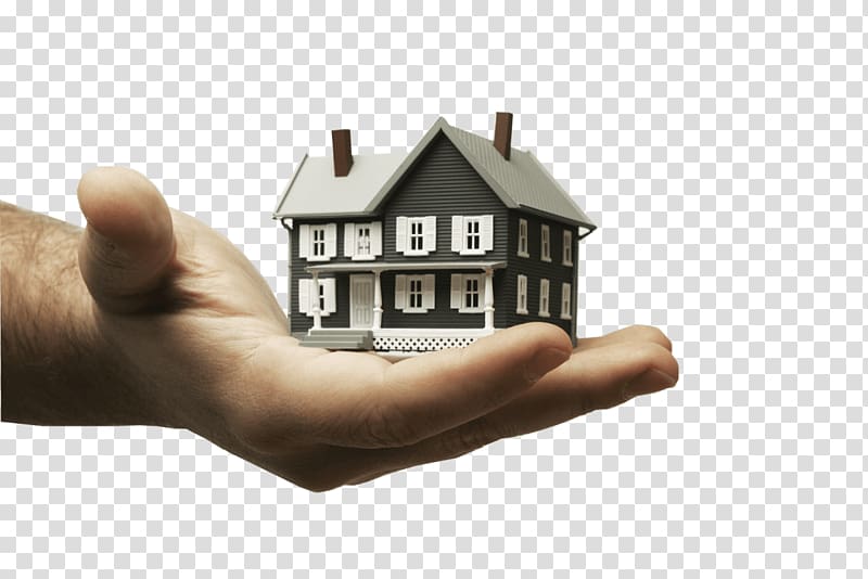 A hand gently holding a miniature gray two-story house with white trim and chimneys, symbolizing home ownership or real estate.