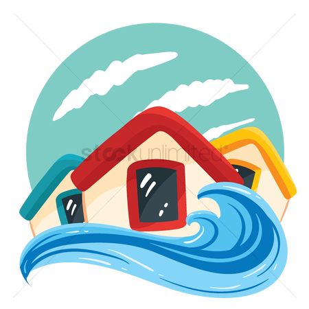Houses partially submerged in a large blue wave under a cloudy sky, symbolizing flood risk or climate vulnerability.