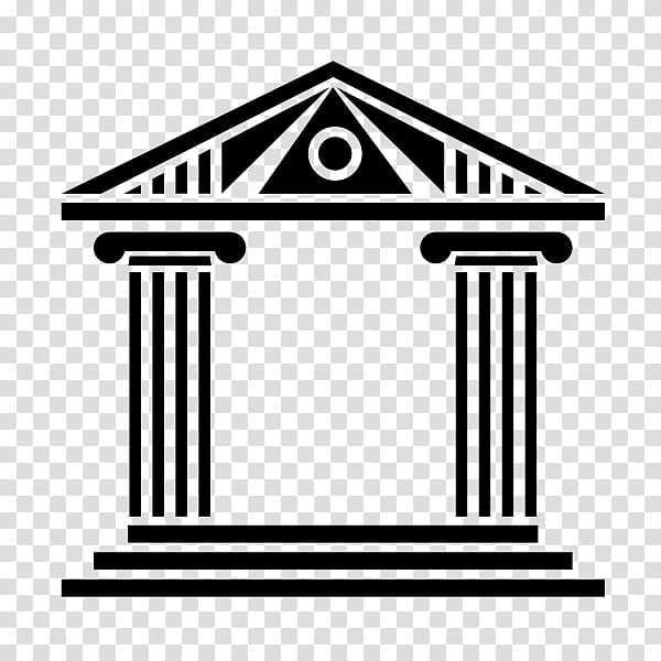 Classical temple facade with two fluted columns, triangular pediment, and central eye symbol.