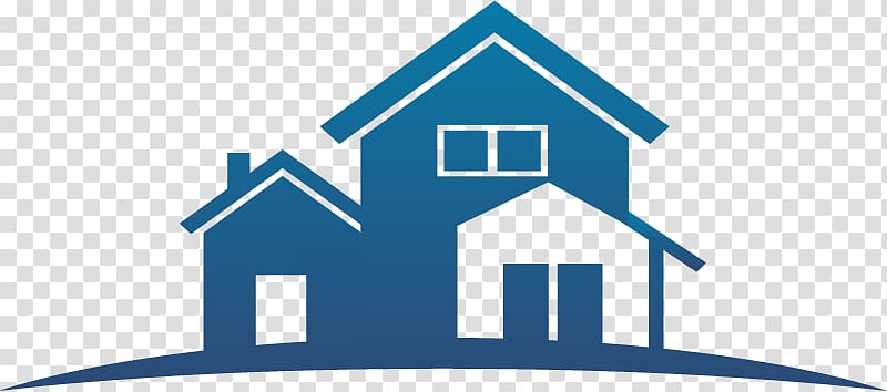 Blue silhouette of three connected houses on a hill, representing residential real estate or home services.