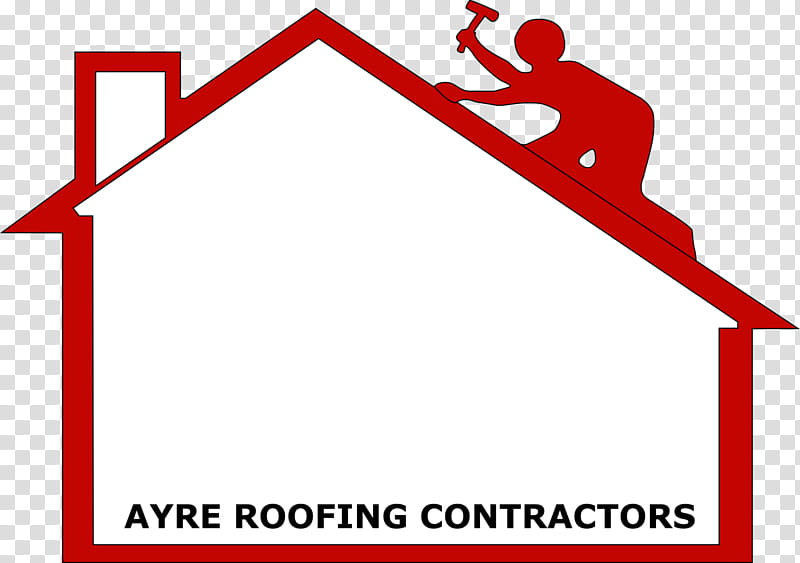 Red outline of a house with a roofer silhouette on the roof, labeled "AYRE ROOFING CONTRACTORS".