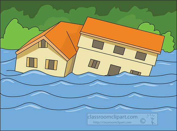 Two houses partially submerged in floodwaters with orange roofs and green trees in background.