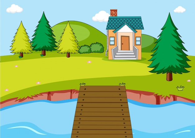 Serene Lakeside Cottage Illustration - Free Clipart for Nature Themes