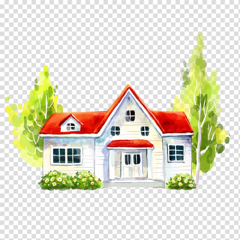 Watercolor illustration of a charming white house with red roof, green trees, and yellow flowers.