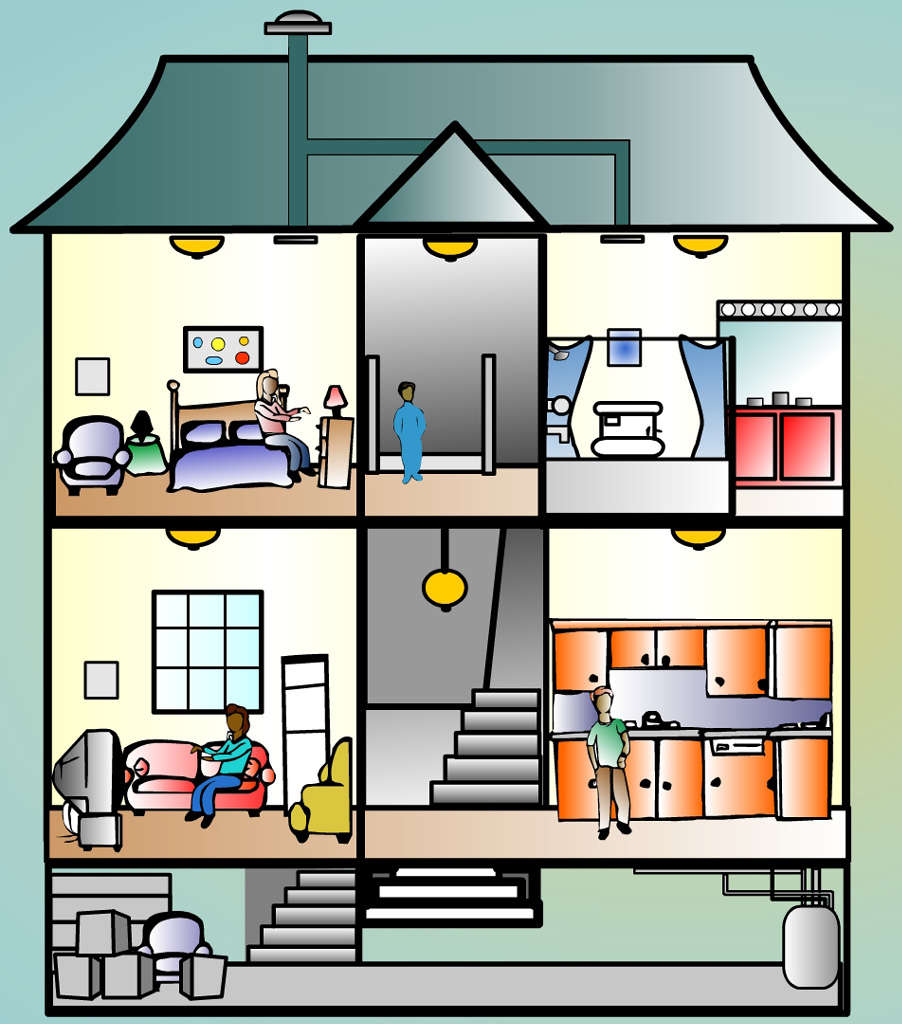 Cross-section illustration of a multi-story house showing rooms, furniture, and people in daily activities.