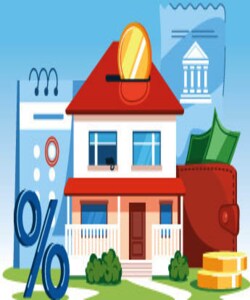 Illustration of a red-roofed house surrounded by financial symbols: percentage sign, wallet, coins, calendar, and bank building.