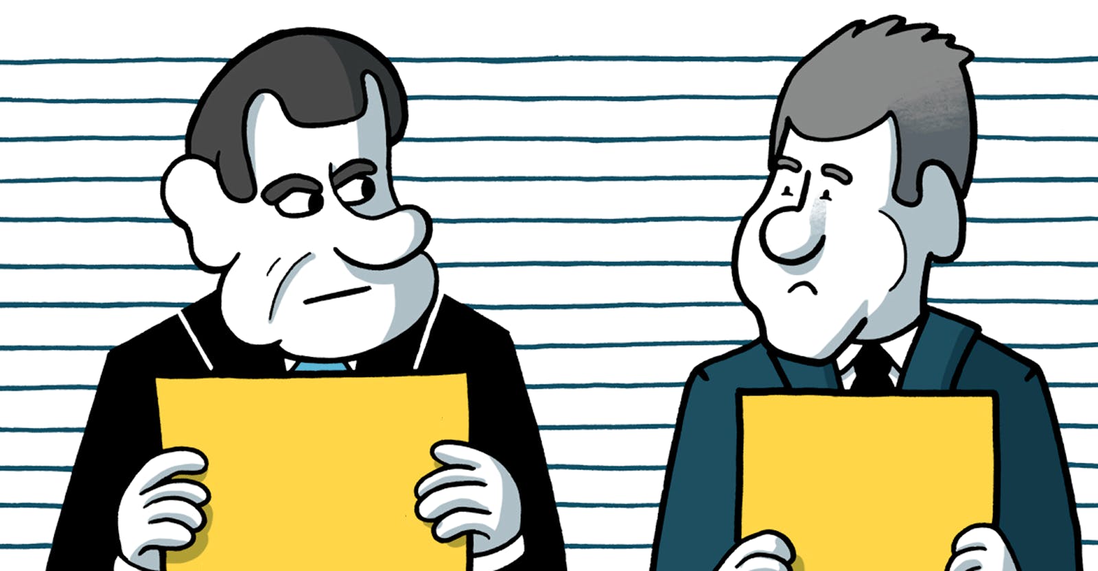Two cartoon men in suits holding yellow papers, standing before a lined background, one smirking, the other uneasy.