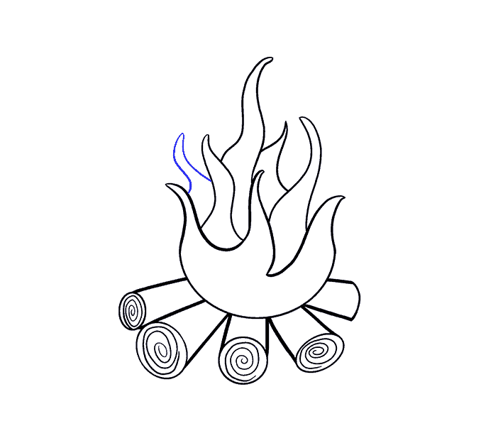 Stylized campfire illustration with blue flames and log base on dark blue background.