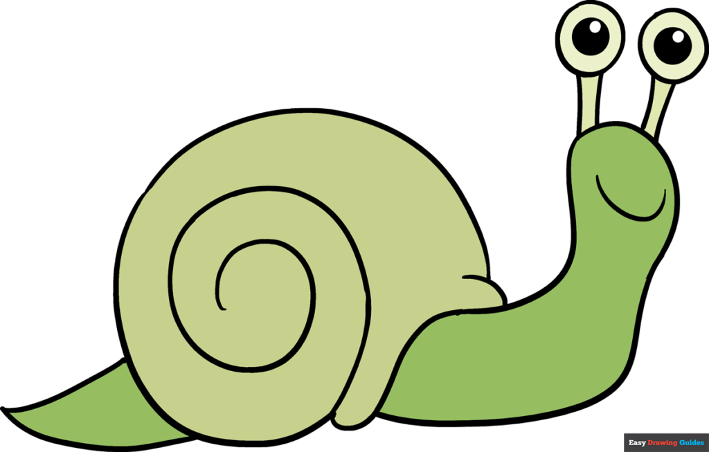 Friendly green cartoon snail with large eyes and spiral shell, smiling and moving slowly.