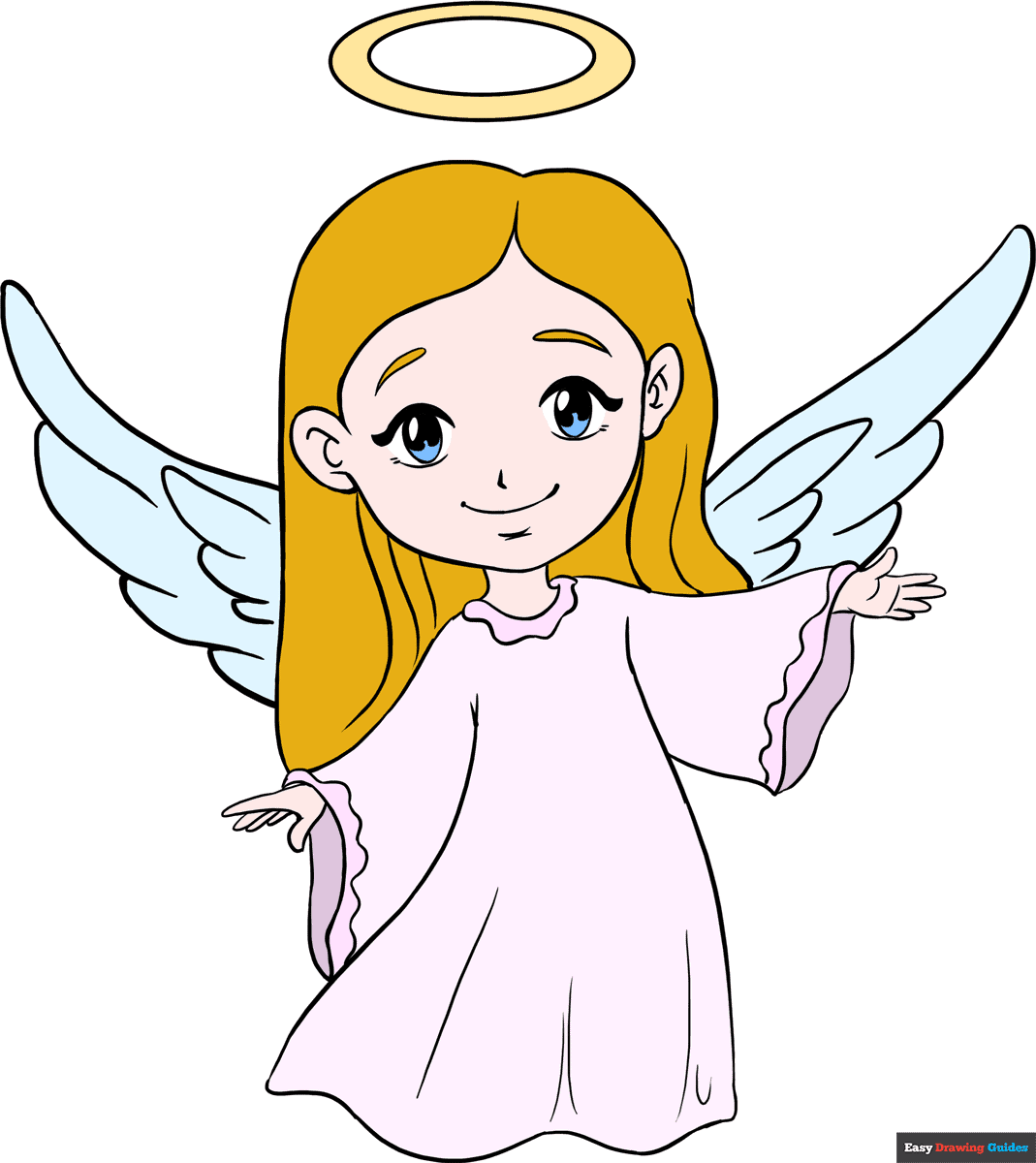 Cute cartoon angel girl with blonde hair, blue eyes, light blue wings, and a golden halo, wearing a pink robe.