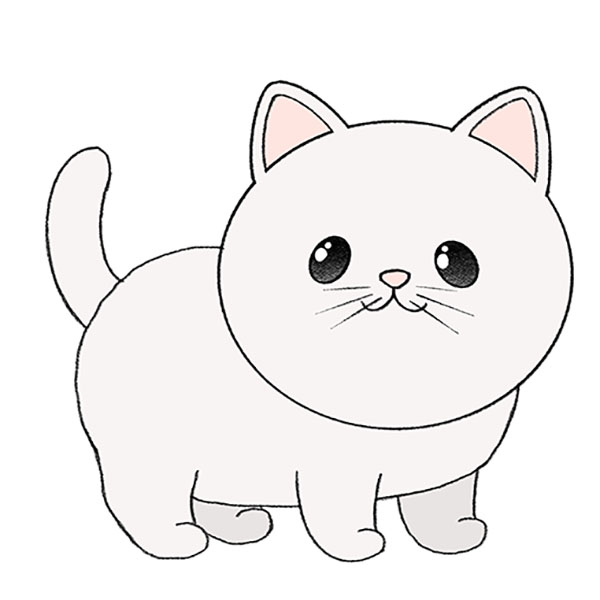 Cute white cartoon kitten with large eyes, pink inner ears, and a fluffy tail standing sideways.
