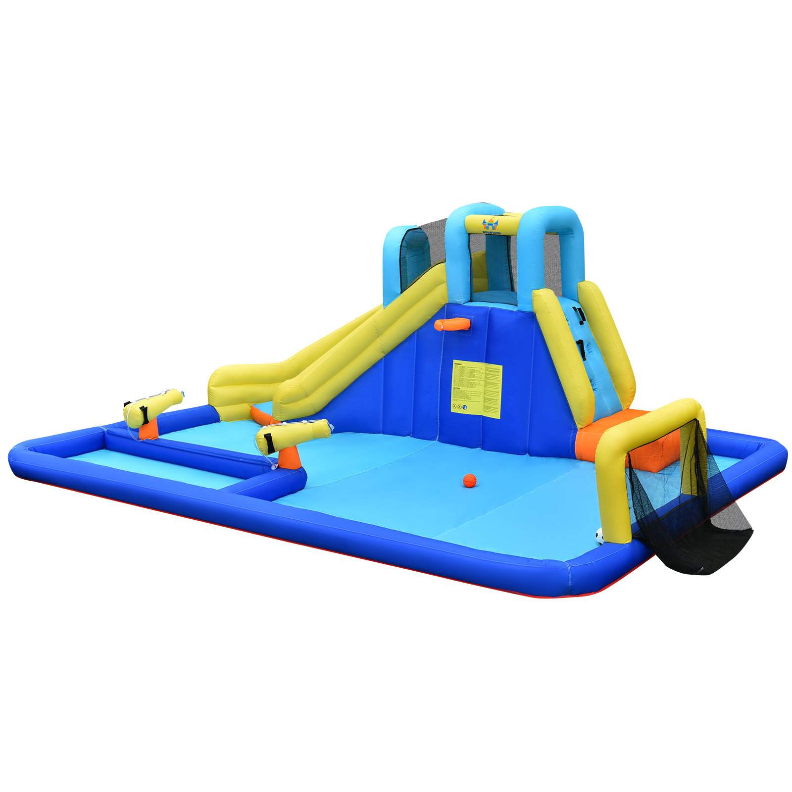 Blue and yellow inflatable water play center with dual slides, splash pool, water cannons, and ball net goal.
