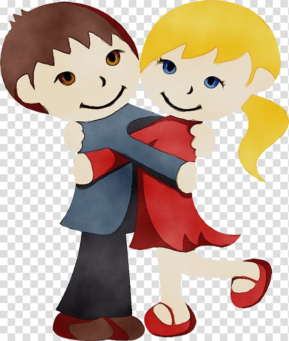 Cartoon boy and girl hugging warmly, smiling with joyful expressions, colorful watercolor style illustration.