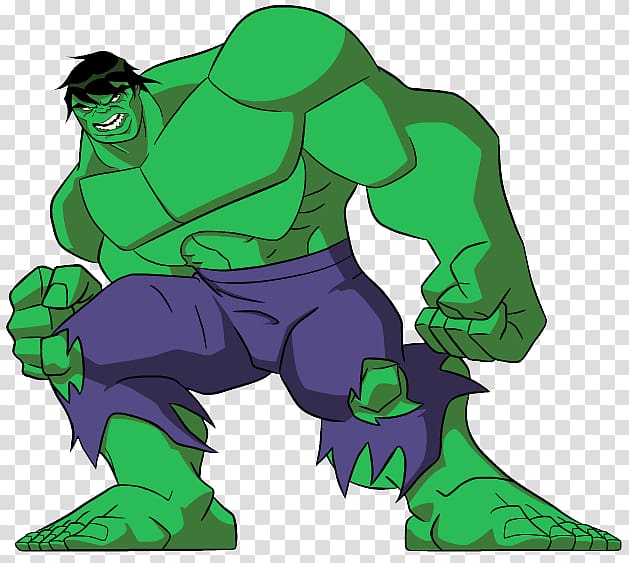 Green muscular superhero Hulk in purple pants, fists clenched, ready to fight.