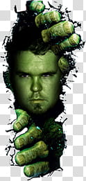 Green-skinned muscular superhero with clenched fists emerging through a torn surface, intense expression.