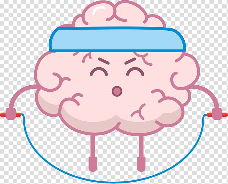 A cartoon brain wearing a blue headband and jumping rope, showing effort and focus.