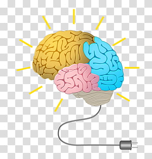 Colorful illustrated brain with yellow rays and a power cord plug, symbolizing activated thinking or AI intelligence.