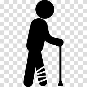Silhouette of an elderly person with a cane and bandaged leg, indicating mobility aid and injury recovery.