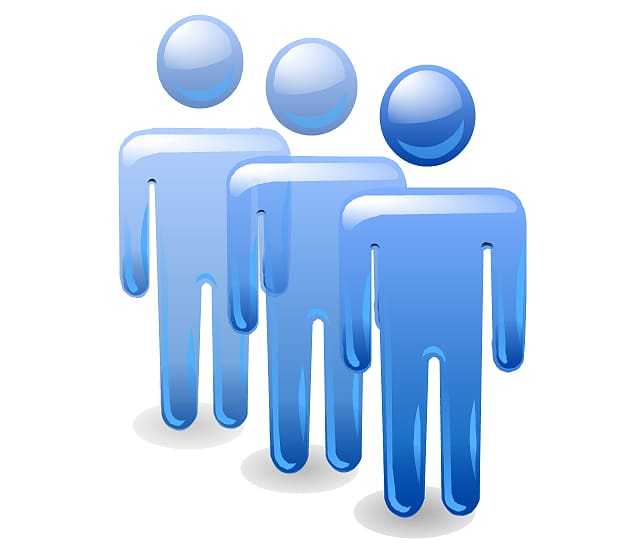 Three glossy blue human figure icons standing together, symbolizing teamwork or community.