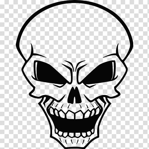 Black-and-white stylized skull with menacing eyes and bared teeth on transparent background.