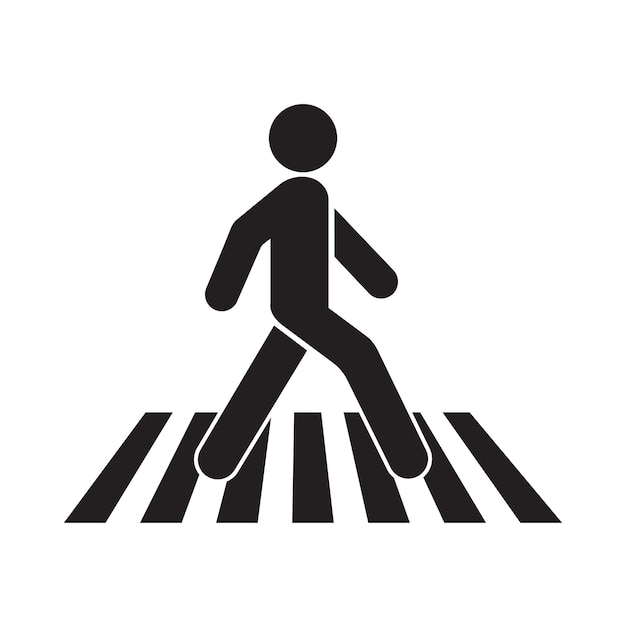 Black silhouette of a person walking across a zebra crossing on white background.