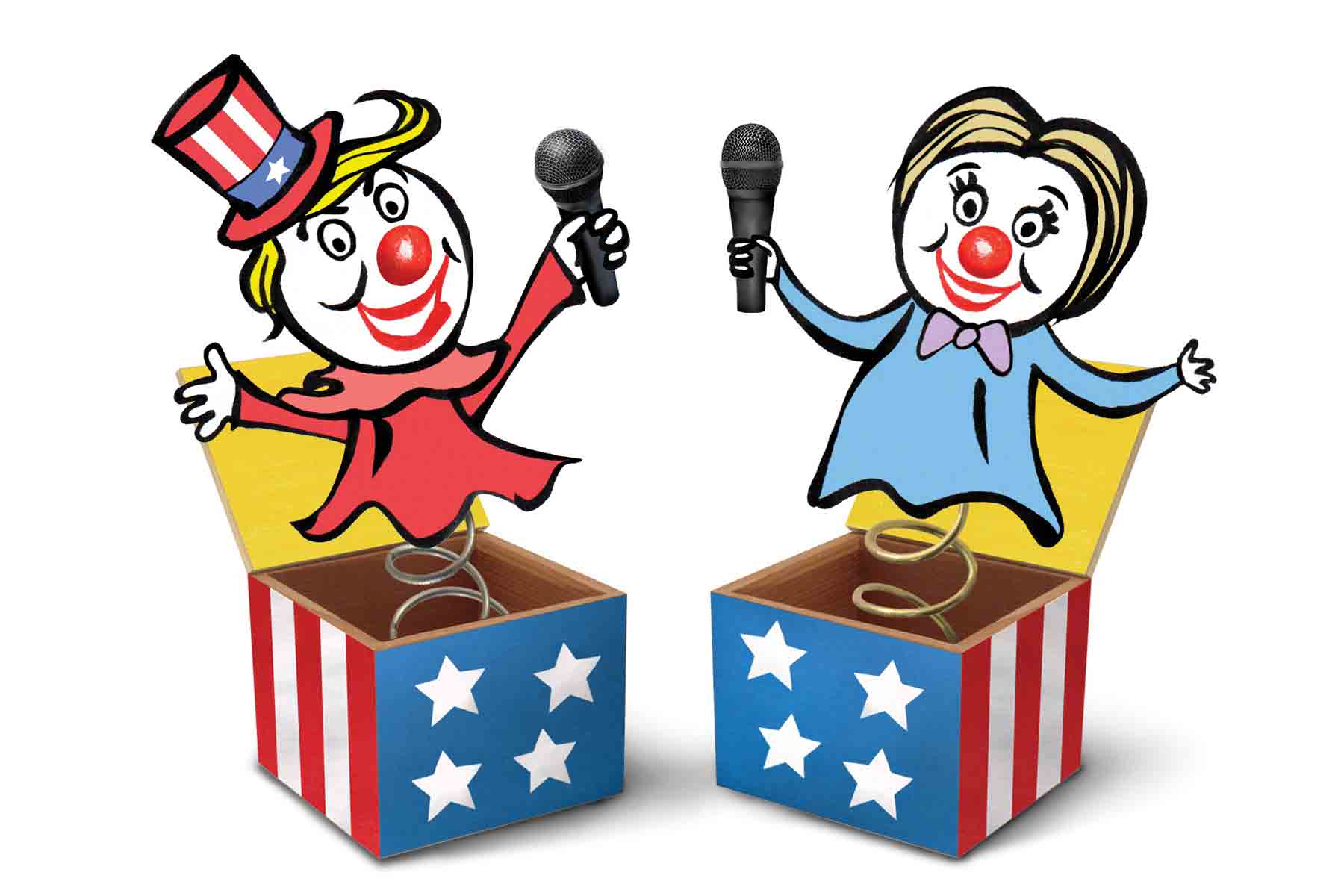 Political Satire Illustration: Clown Candidates in Jack-in-the-Box