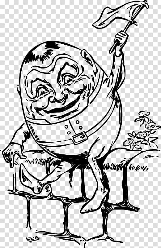 Humorous black-and-white line drawing of Humpty Dumpty sitting on a wall, waving a flag with a mischievous grin.