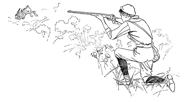 A hunter in knee-high boots and cap kneels in tall grass, aiming a rifle at a fleeing rabbit.