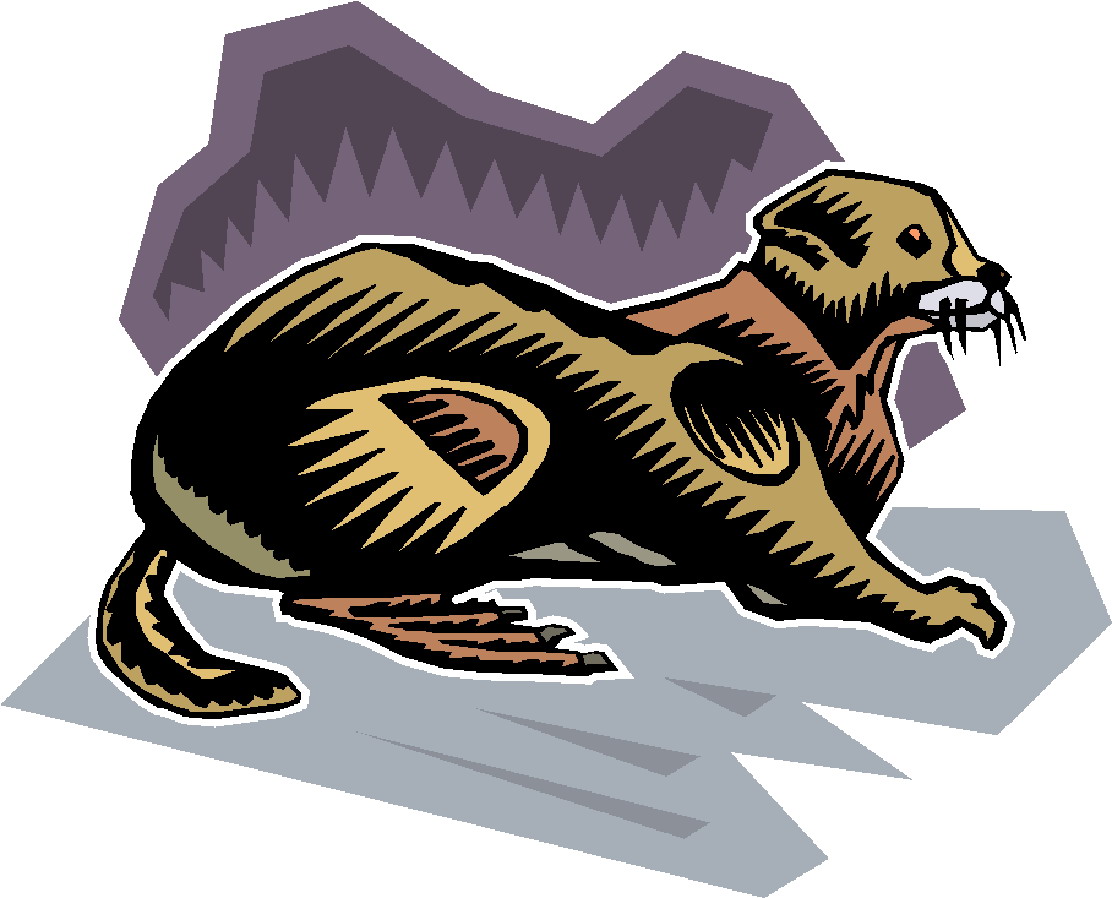 Stylized illustration of a running marmot with bold black, tan, and brown patterns against a mountain backdrop.