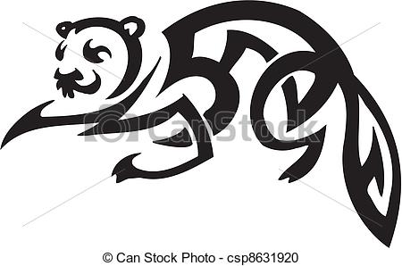 Stylized black-and-white tribal illustration of a leaping otter with flowing curves and bold linework.