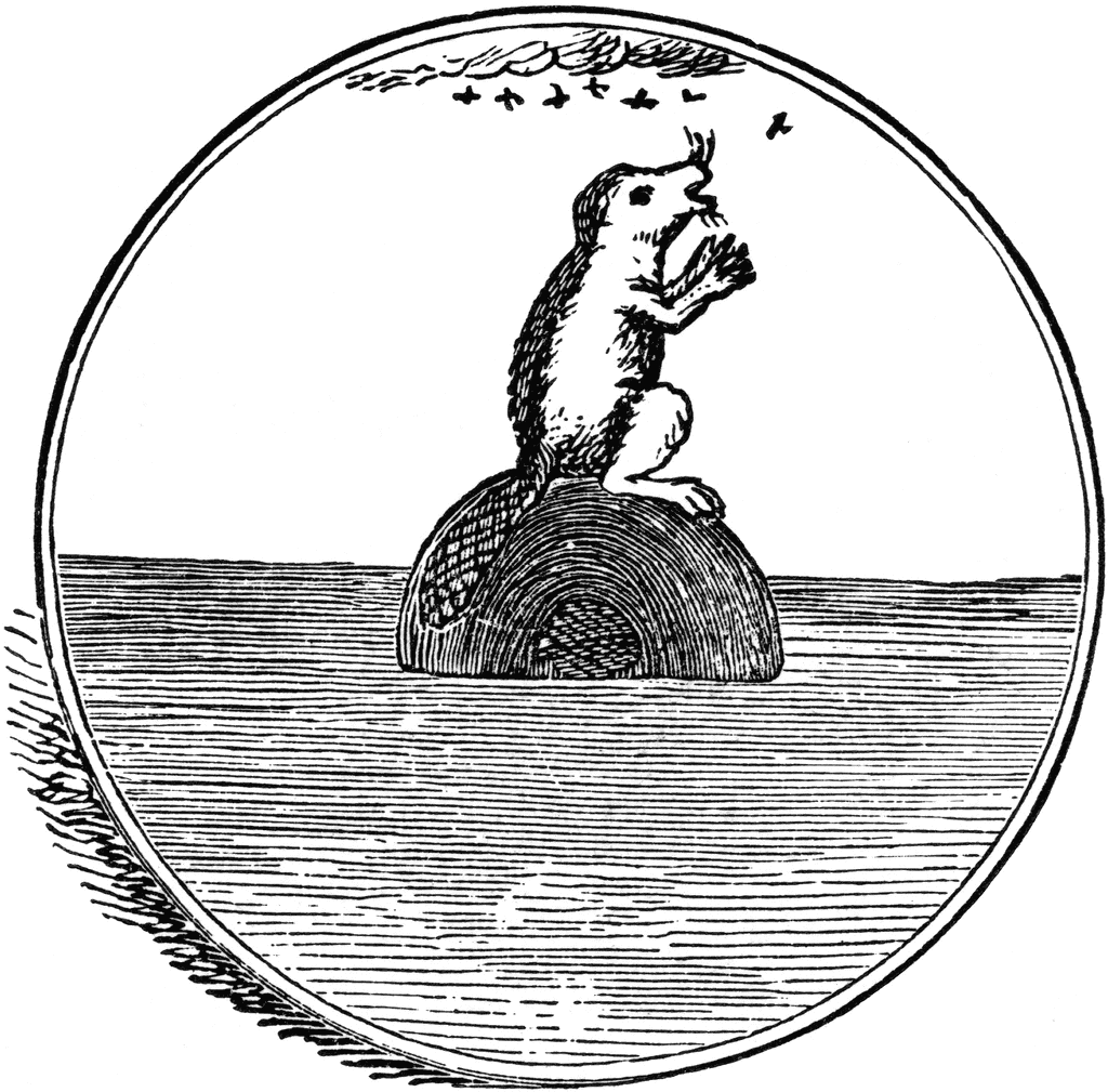A vintage woodcut illustration of a squirrel perched on a dome-shaped structure, eating a nut while birds fly overhead.