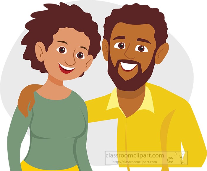Happy Black couple smiling together, man with beard in yellow shirt, woman in green top, friendly embrace.