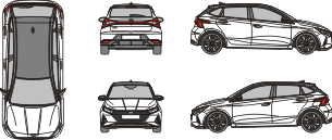 Technical line-art illustration showing five views of a modern hatchback car: top, rear, side, front, and three-quarter front.