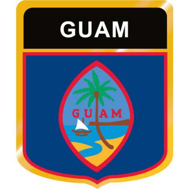 Official coat of arms of Guam featuring a palm tree, sailboat, and the word "GUAM" on a blue shield with red and yellow borders.