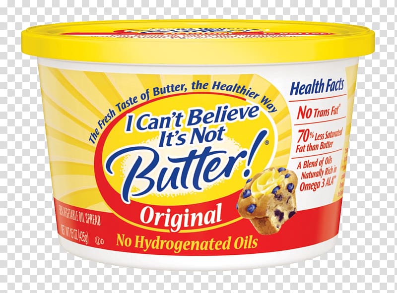 I Can't Believe It's Not Butter! Original tub with yellow lid and label highlighting no hydrogenated oils and 70% less saturated fat than butter.