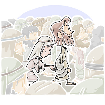 Jesus walking with a disciple through a crowd, illustrated in soft watercolor style.