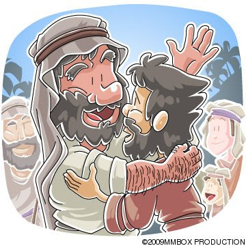A joyful cartoon depiction of a bearded man in ancient robes warmly embracing a younger man with tousled hair, surrounded by smiling onlookers.