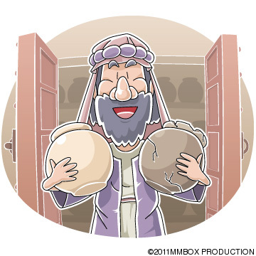 A joyful bearded man in ancient robes holds two clay jars-one intact, one cracked-standing in a storeroom doorway.